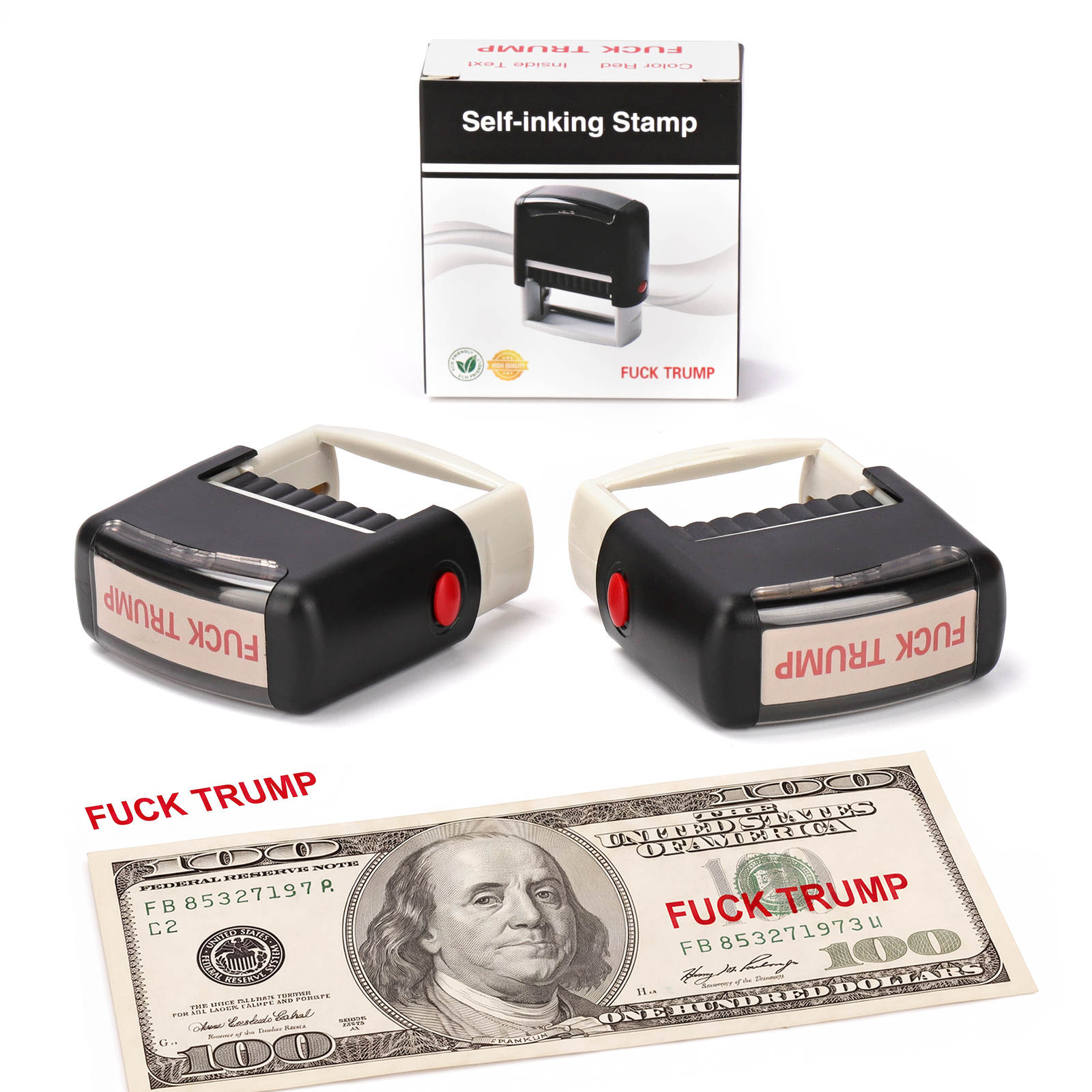 Two-pack Fuck Trump self-inking stamps with packaging
