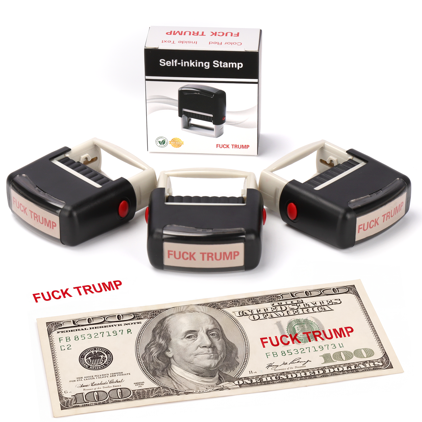 Three-pack Fuck Trump self-inking stamps with packaging