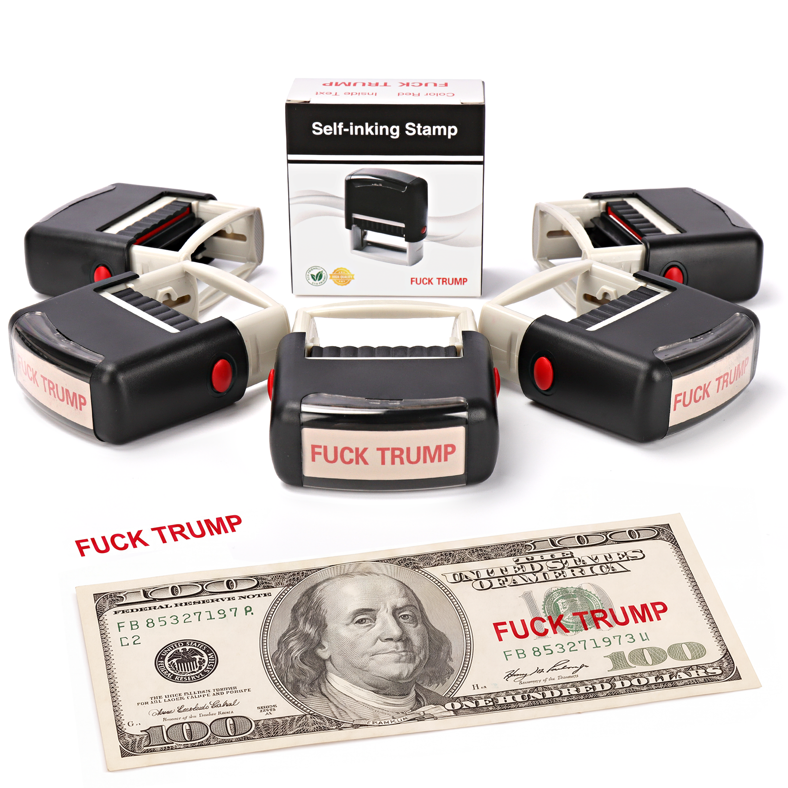 Five-pack Fuck Trump self-inking stamps with packaging