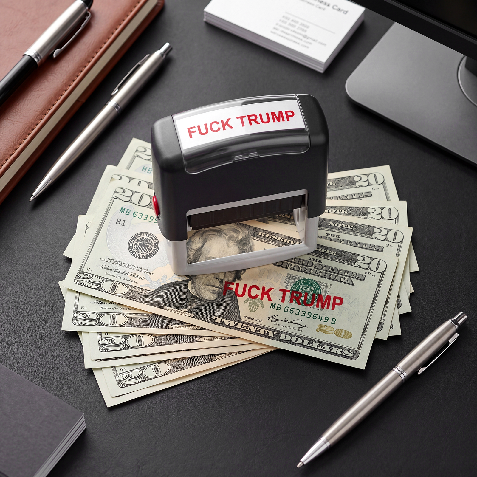 Fuck Trump Stamp in an office setting